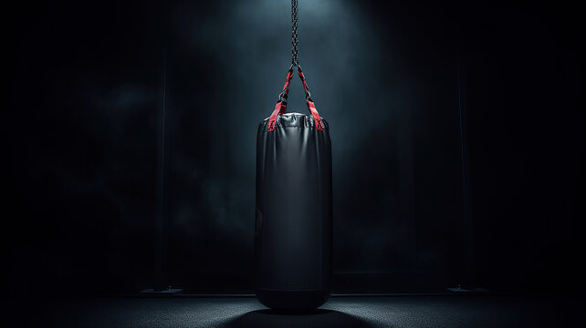 a boxing punching bag with a red rope hanging from it