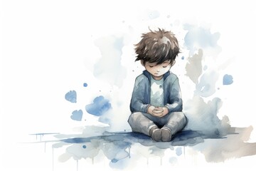 Illustration of a sad sitting child with a depression, generative ai