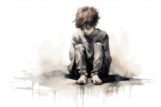 A depressed little boy sitting on the floor with his legs bent, illustration, drawing, generative ai