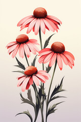 A painting of three pink flowers with green leaves. Generative AI. Echinacea flowers, medical herb.