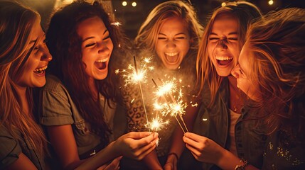 Happy New Year of Group of friends having fun with sparklers. Generate Ai