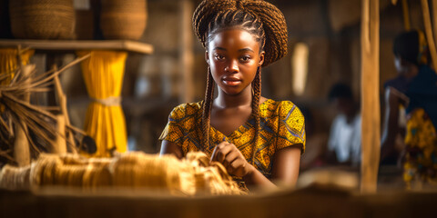Enchanting young African woman weaving in a traditional workshop; blurred background hi-lights the artisan's culture, tradition and popular culture of Africa. Generative AI - obrazy, fototapety, plakaty