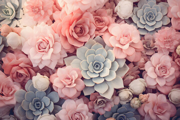 Floral Harmony: Soft-Colored Succulents Surrounded by Pastel Pink Blooms