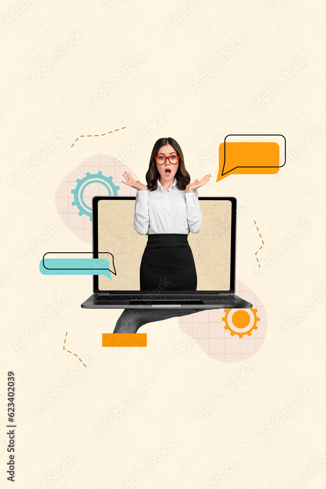 Poster vertical collage image of black white effect arm hold netbook display mini impressed elegant girl di