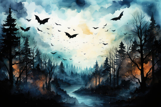 A painting of bats flying over a river. Generative AI. Halloween background.