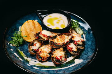 Fish dish baked New Zealand mussels