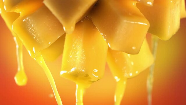 Flowing Mango Juice from half slide Mango , macro shot in slow motion