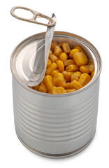 Canned sweet corn view in open tin can isolated