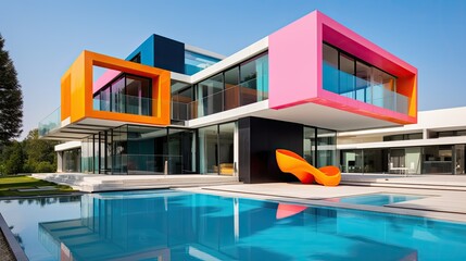 A striking modern architecture with a splash of vibrant colors, generative ai