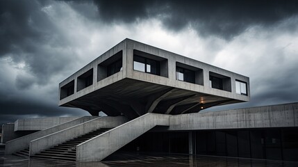 Abstract architecture in the brutalist style against a stormy sky, generative ai