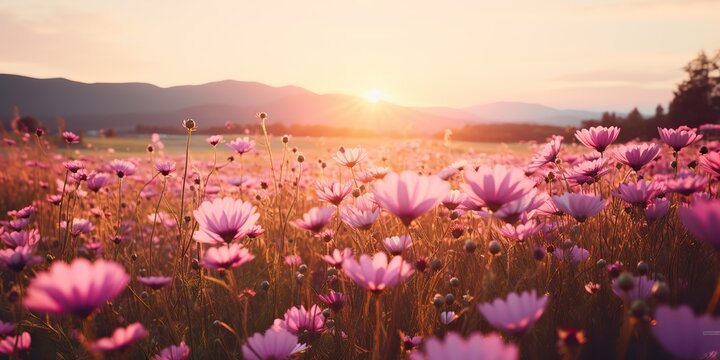 AI Generated. AI Generative. Nature outdoor landscape field of flowers at sunset sunrise. Blossom bloom botanical plant adventure vacation wild life. Graphic Art