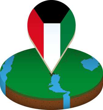 Isometric round map of Kuwait with flag.