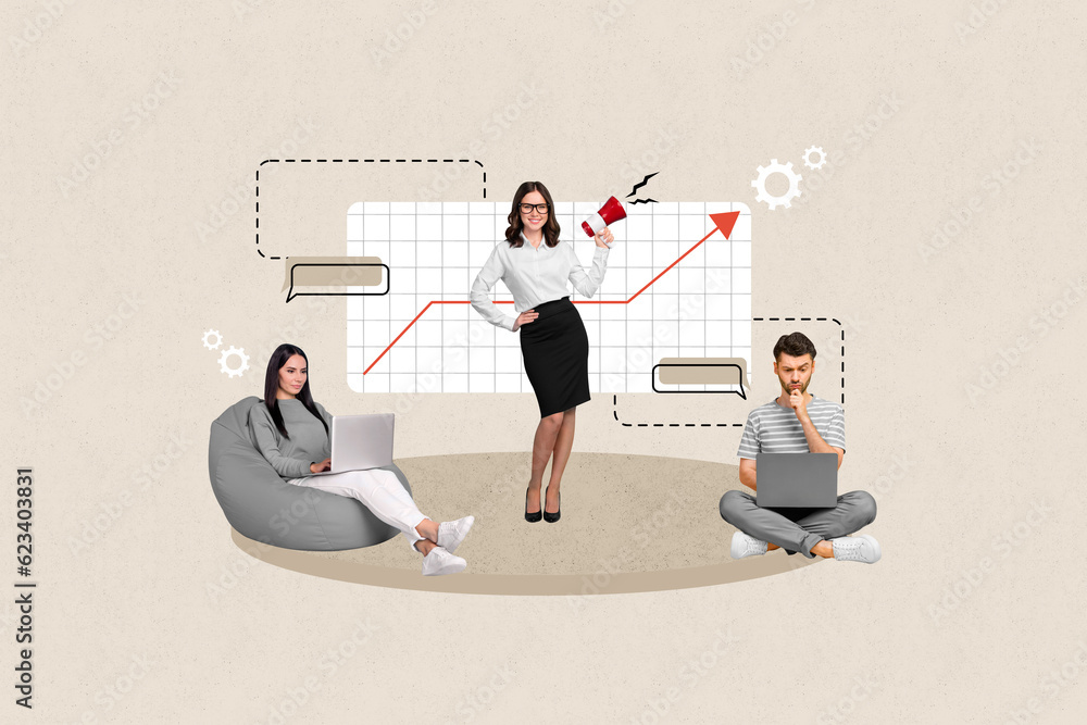 Aufkleber Creative collage image of corporate colleagues use netbook hold loudspeaker dialogue bubble automation cogwheel isolated on beige background