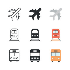 Travel and vacation icon set. Trip and journey by airplane, tourist bus and intercity train.