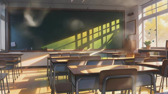 High school classroom in the Evening time, Anime background, 2D  illustration. Stock Illustration