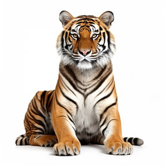 sitting tiger on isolated white background created with generative AI - obrazy, fototapety, plakaty