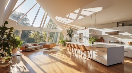 Architectural wonder featuring a house bathed in radiant light, generative ai