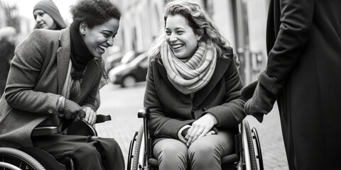 Fototapeta na wymiar Inspiring black and white portrait of three diverse women; blind, deaf, wheelchair-user, sharing an emotional moment with soft-focus background. Generative AI