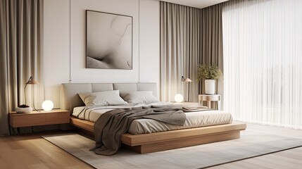 Calm and minimalist bedroom with a platform bed, sheer curtains, and a neutral color palette, generative ai