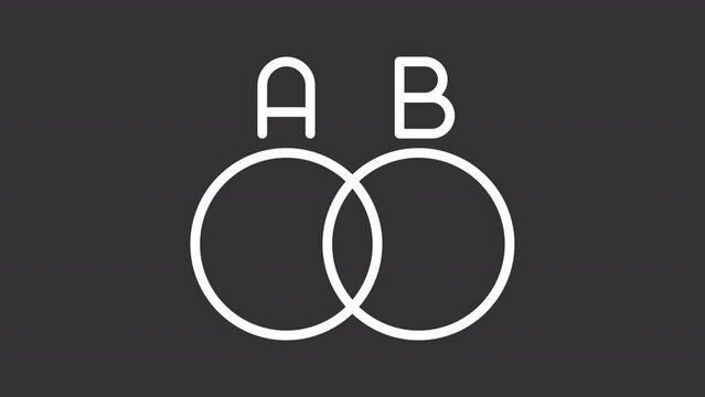 Intersection white icon animation. Animated line venn diagram. Two categories. Overlapping circles. Loop HD video with alpha channel, transparent background. Motion graphic design for night mode