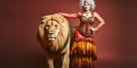 Fearless curvy woman in vintage circus attire taming a wooden lion, evoking strength, empowerment and charm. Ideal for projects requiring unique, nostalgic aesthetics. Generative AI