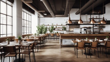 Clean and minimalist restaurant with an open kitchen, communal tables, and industrial accents, generative ai