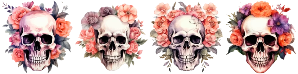Fotobehang Aquarel doodshoofd set illustration of watercolor human skull with flowers red rose