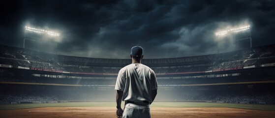 Baseball player in baseball arena stadium with copy space. Generative AI - obrazy, fototapety, plakaty