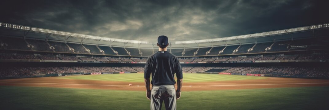 Baseball Player In Baseball Arena Stadium With Copy Space. Generative AI