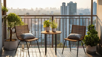 Obraz premium Minimalist balcony with a small bistro set, potted plants, and a view of the city skyline, generative ai