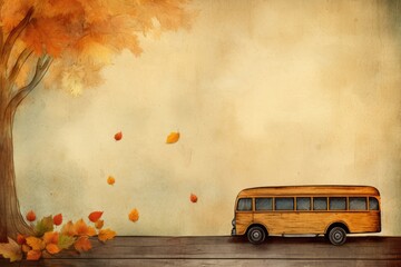 top view banner of yellow school bus, tree, autumn leaves frame, Generative AI