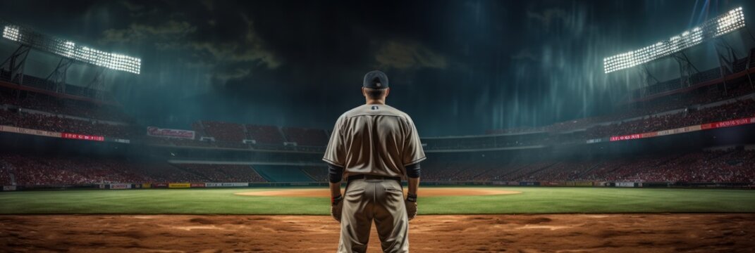 Baseball player in baseball arena stadium with copy space. Generative AI