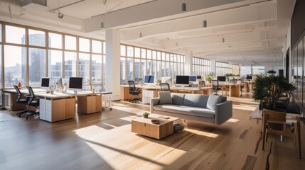Minimalist coworking space with ergonomic workstations, natural light, and collaborative areas, generative ai