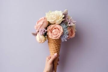 Beautiful spring bouquet of flowers in waffle ice cream cone in hand isolated on flat purple background with copy space. Creative banner concept for florist. Generative AI photo imitation.