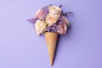 Beautiful spring bouquet of flowers in waffle ice cream cone isolated on flat purple background with copy space. Creative banner concept for florist. Generative AI photo imitation.