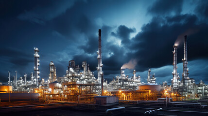 Obraz premium a large oil producing plant at night with stormy clouds