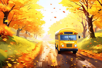 Obraz premium drawing illustration of a yellow school bus with trees and autumn leaves background, Generative AI