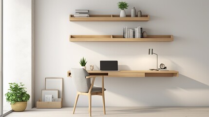 Minimalist home office with a wall-mounted desk, floating shelves, and natural light, generative ai