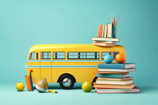 yellow toy school bus with books different school supplies on blue background, Generative AI