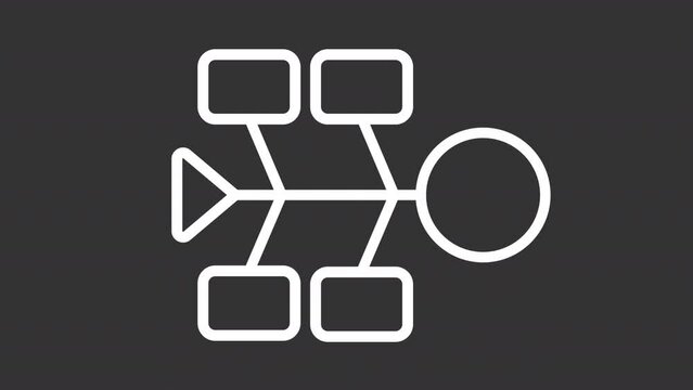 Animated fishbone diagram white icon. Cause and effect line animation. Process improvement. Loop HD video with alpha channel, transparent background. Motion graphic design for night mode
