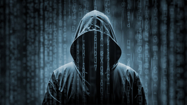 Hacker under a matrix digital rain, mysterious hooded man silhouette under a blue binary code characters falling down, computer technology concept for coding, hacking or cyber security