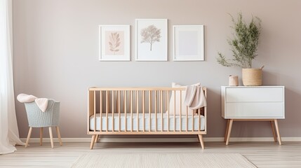 Fototapeta na wymiar Minimalist nursery with a crib, changing station, and soft pastel color scheme, generative ai
