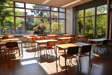 a spacious bright light empty classroom or auditorium, with green trees outside in the background, Generative AI