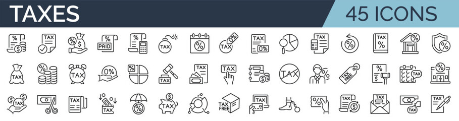 Set of 45 outline icons related to taxes, taxation. Linear icon collection. Editable stroke. Vector illustration - obrazy, fototapety, plakaty