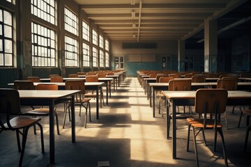 old empty classroom or auditory with desks and chairs, Generative AI