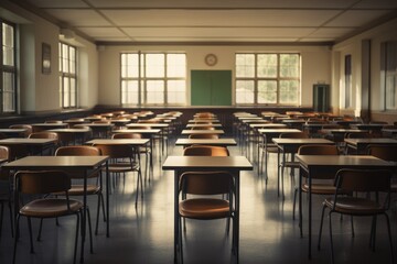 empty classroom or auditory with desks and chairs, blurred background, Generative AI