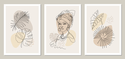 Fototapeta na wymiar Portrait of an African woman and tropical leaves. Line art. Set of wall art, posters, covers. Woman in head wraps and leaves of palm, monstera, alocasia. Boho style, pastel colors. Vector.