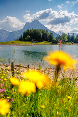 house at lake Arnisee in the Urner Alps with Windgällen in the background in summer