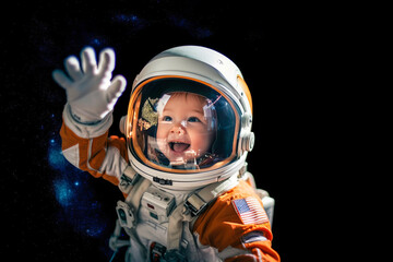 Enthralling scene of curious child in astronaut helmet, reaching towards a distant galaxy through augmented reality – embodying youthful awe for the cosmos. Generative AI - obrazy, fototapety, plakaty