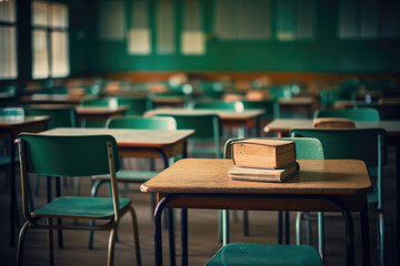 classroom or auditory with desks and chairs, blurred background, Generative AI